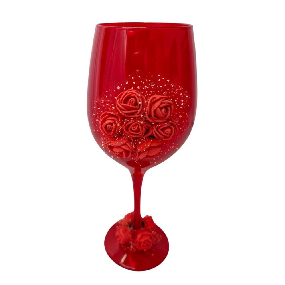 Taça Vidro Pomba Gira Vermelho Com Rosas 490 Ml