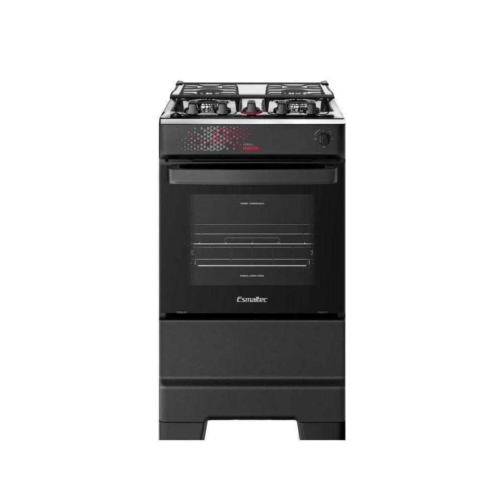 Fogão Esmaltec 4 Bocas Ideal Master Mesa Inox Tampa de Vidro Forno 50 Litros Preto T4ITP Bivolt