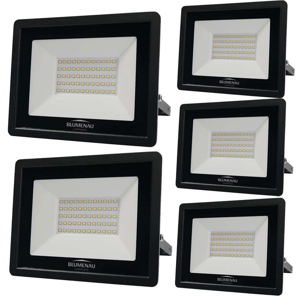 Kit 5 Refletor de Led Slim 50W Prova Dágua Preto Bivolt 3000K Quente