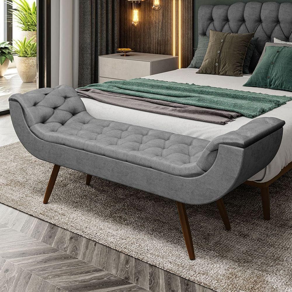 Recamier Puff Estofado Queen 160 Cm Drusa Veludo Cinza
