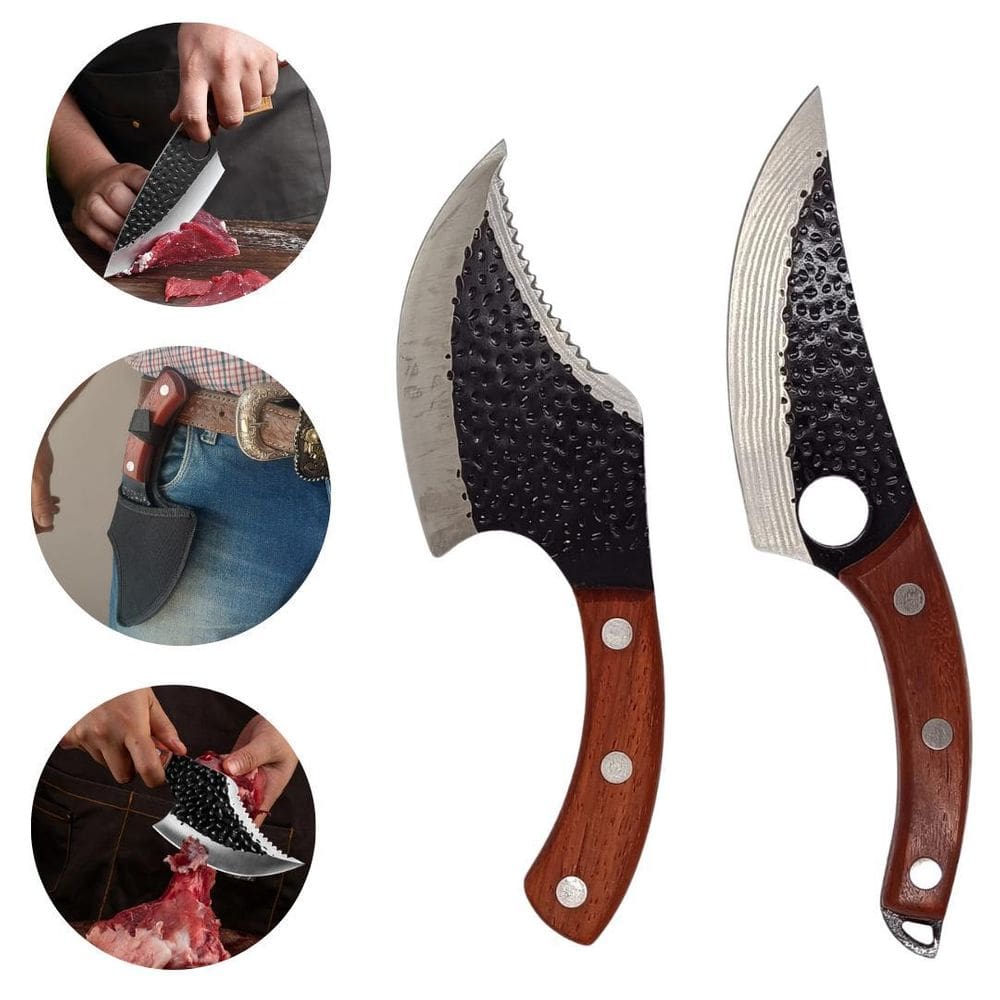 Kit Faca E Cutelo Aço Damasco Cabo Madeira Cozinha Churrasco