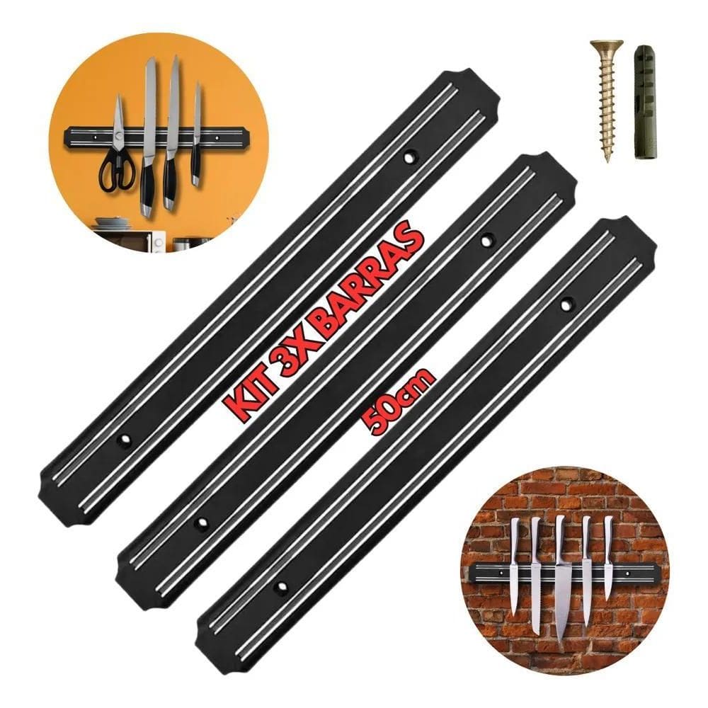 Kit 3 Pç Barra Magnética Imã Suporte Facas Ferramentas 50 Cm