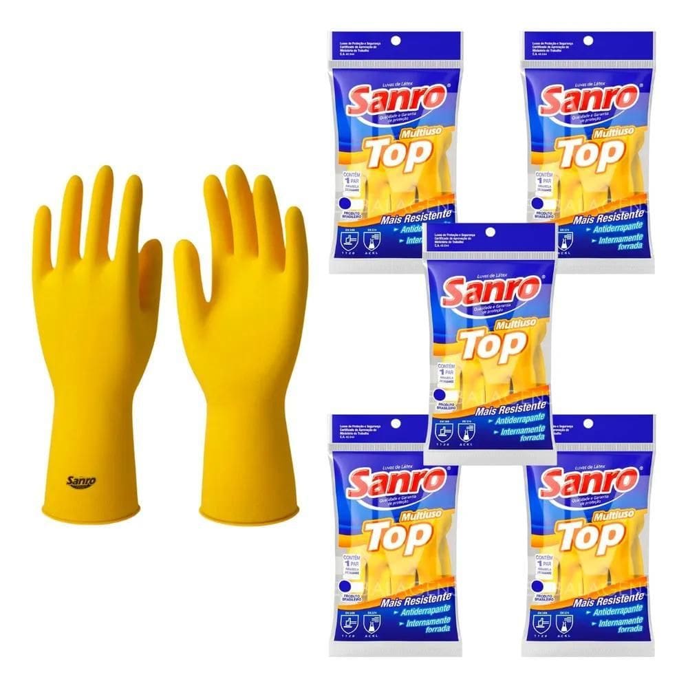 3X Kit 5 Prs Luva De Látex Natural Amarela Sanro Top Limpeza