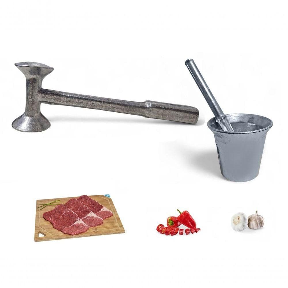 Kit Martelo Para Amaciar Bife E Pilão Socador De Alho