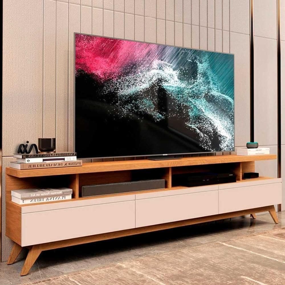 Rack Moderno Até 70 Pol 3 Gavetas E Pés Em Madeira Nature Off White Nature/off White