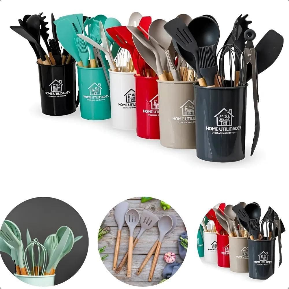 Kit Talheres Silicone Com Cabo De Madeira Kit Cozinha 12 Pçs