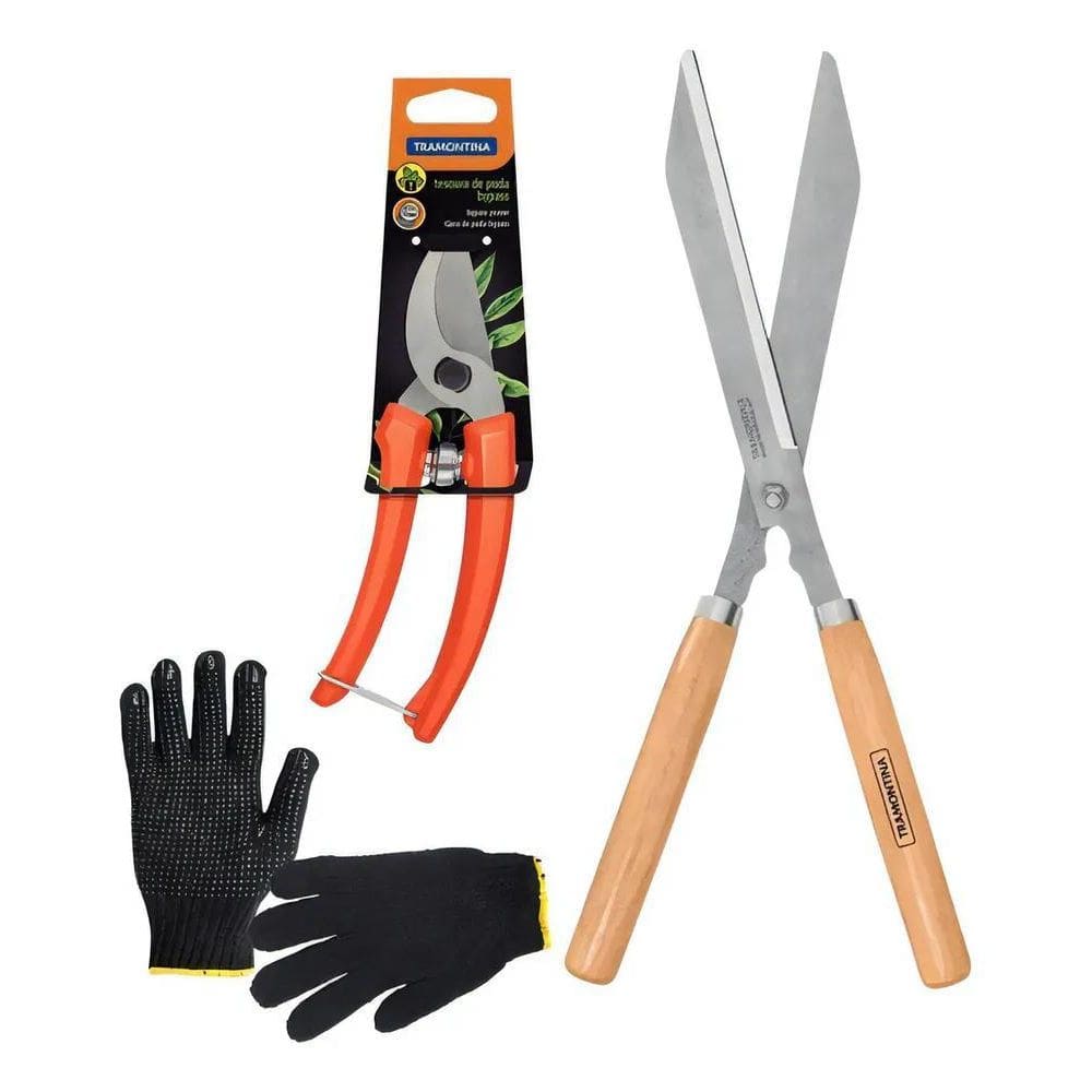 Tesoura Para Cerca Viva + Tesoura Poda Tramontina + Luva Cor