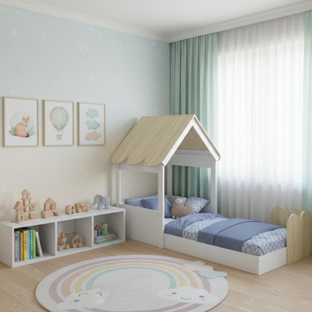 Cama Montessoriana Infantil Casinha Com Telhado E Cercadinho Branco C/carvalho Branco C/carvalho Araguaia