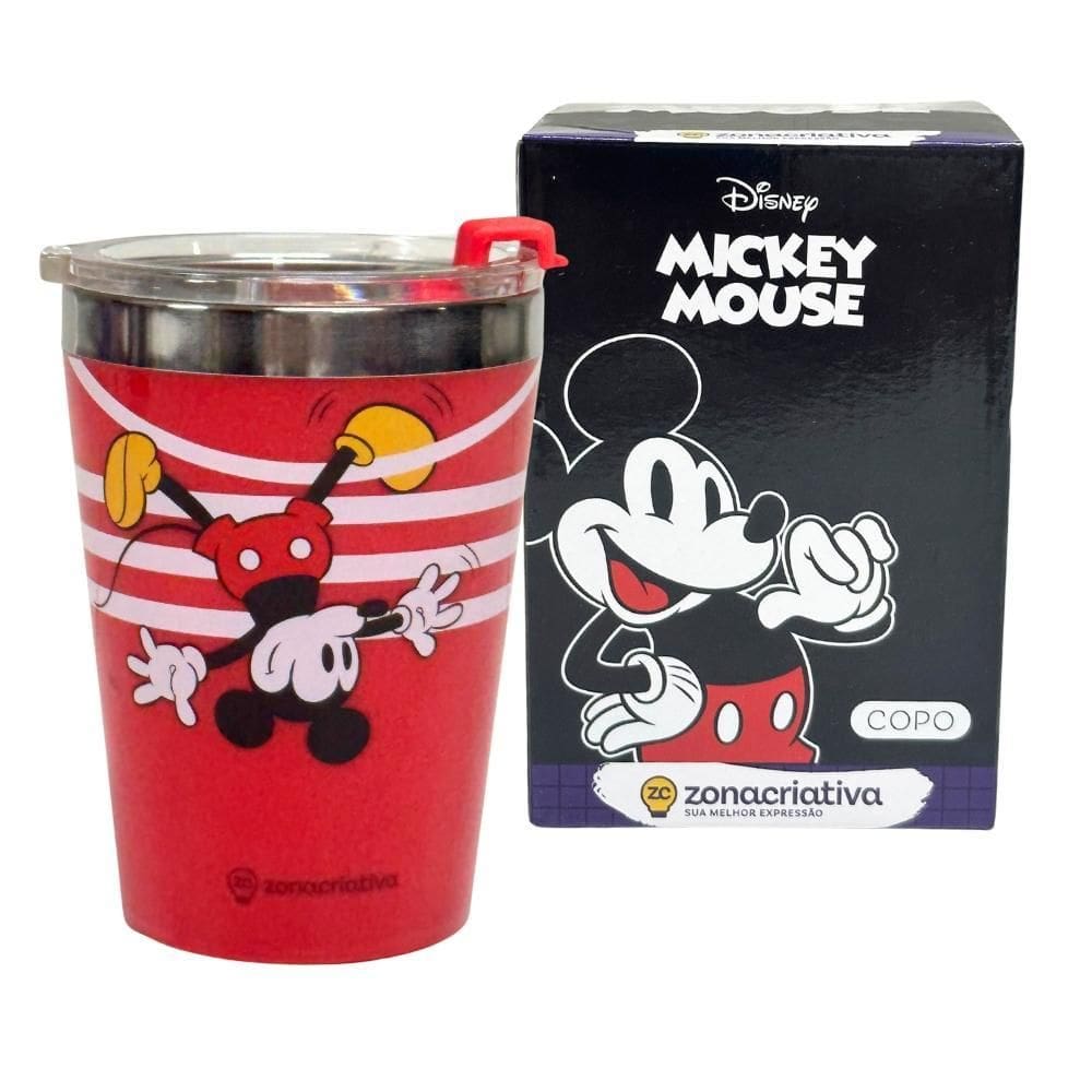Copo Snap Inox Parede Dupla 300Ml Mickey Mouse Listras - Zc