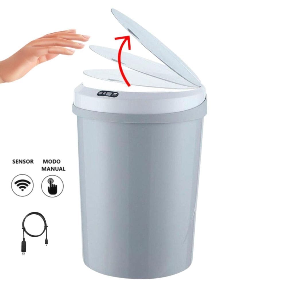 Lixeira Automática Redonda 12 Litros Usb Com Sensor Cinza