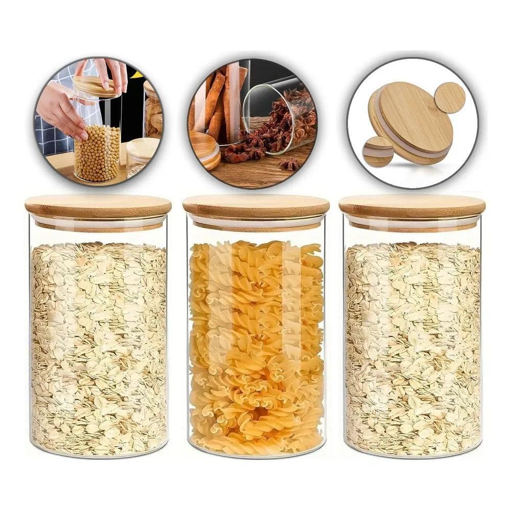 Kit 3 Potes De Vidro Com Tampa De Bambu 1300Ml Mantimentos