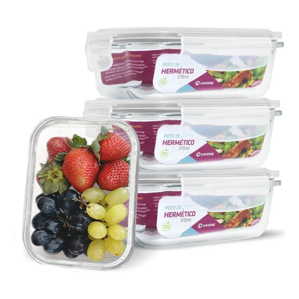 3X Conjunto Kit 4 Potes Vidro Hermético Marmita Fitness 370M