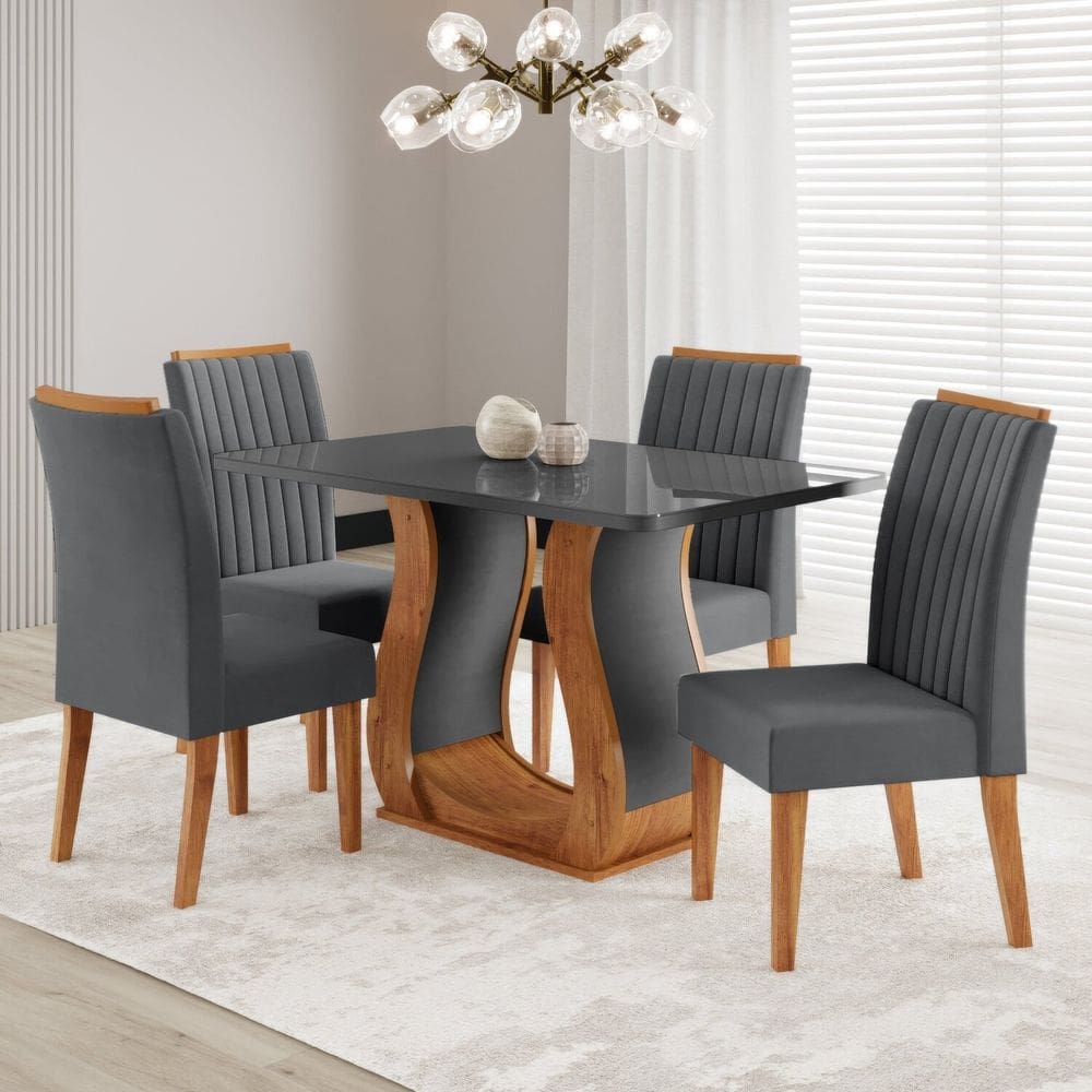 Conjunto Sala de Jantar Mesa 120x80cm Tampo com Vidro 4 Cadeiras Inspirare Mel/Cinza