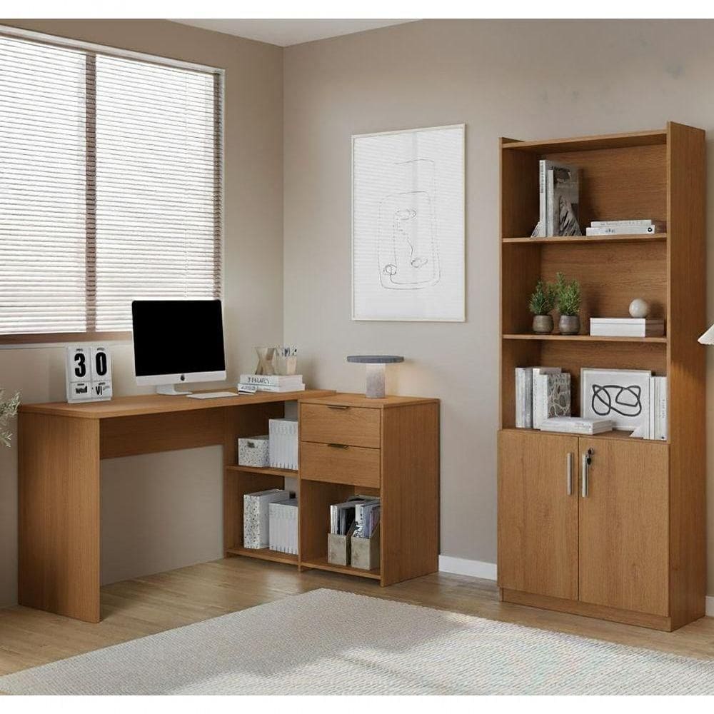 Conjunto Para Escritório Com Mesa Em L Nt2060 E Armário Multiuso Freijó Notável Móveis