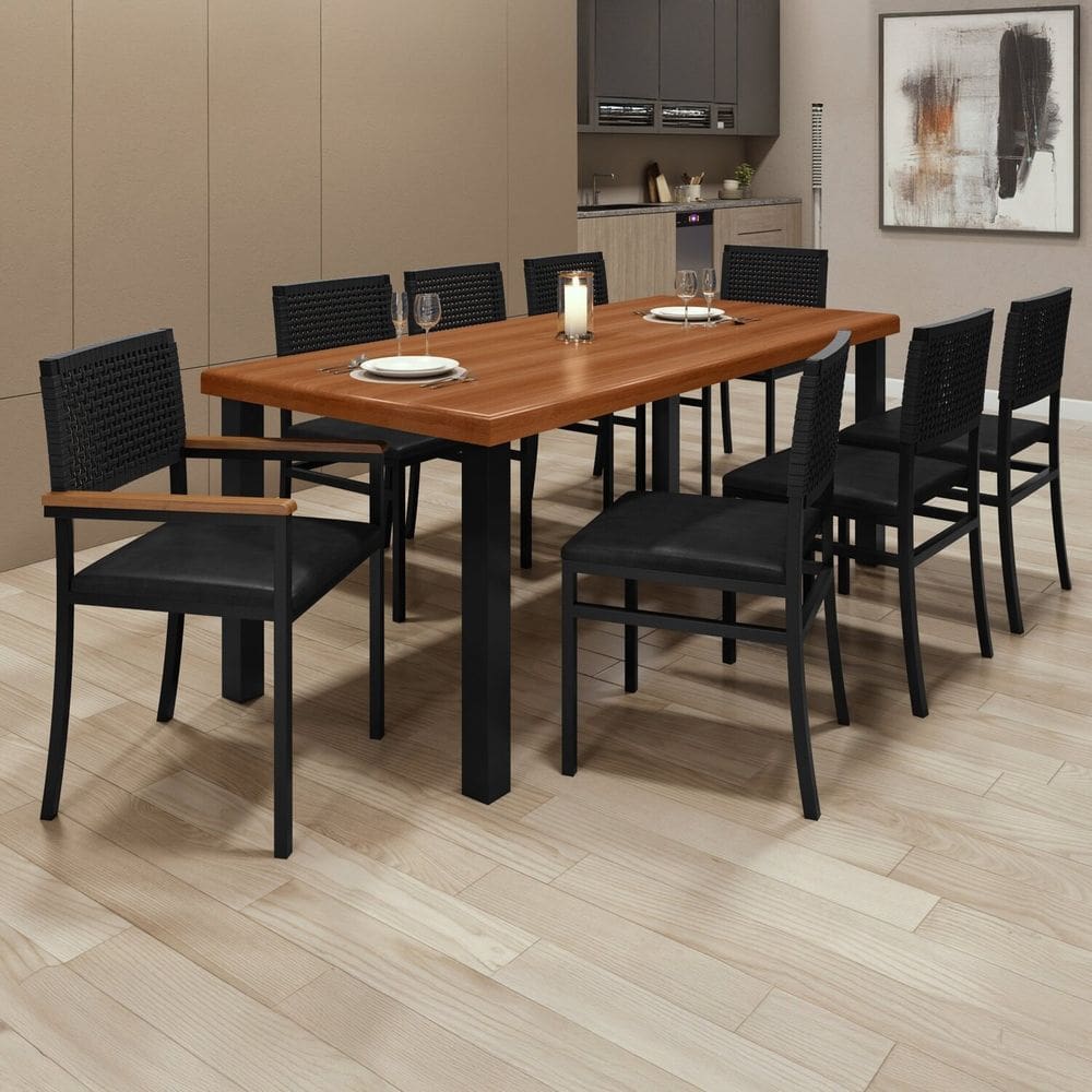 Conjunto Sala de Jantar Mesa Athenas Tampo Madeira Maciça 200x90 com 8 Cadeiras Madri Preto/Galaxy Preto