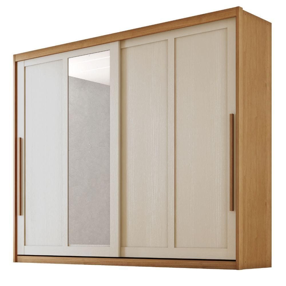 Guarda Roupas Casal 2 Portas De Correr Com Espelho 100% Mdf 6 Gavetas Firenze Madeirado / Areia