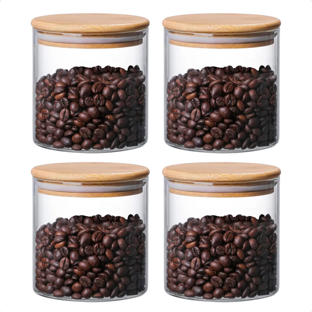4 Potes de Vidro com Tampa de Bambu Oikos 500ML Hermético Redondo
