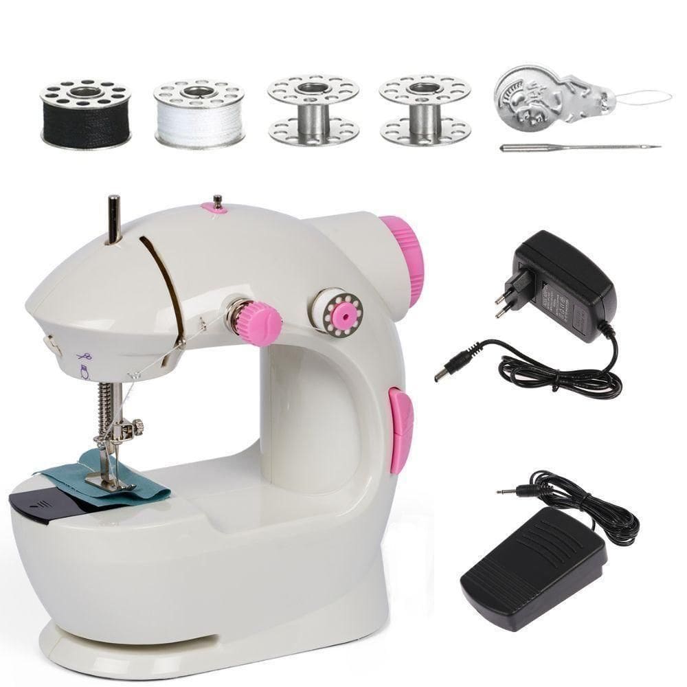 Mini Maquina De Costura Eletrica Bivolt Portatil Reta Com Pedal Kit Bobinas Agulha Domestica