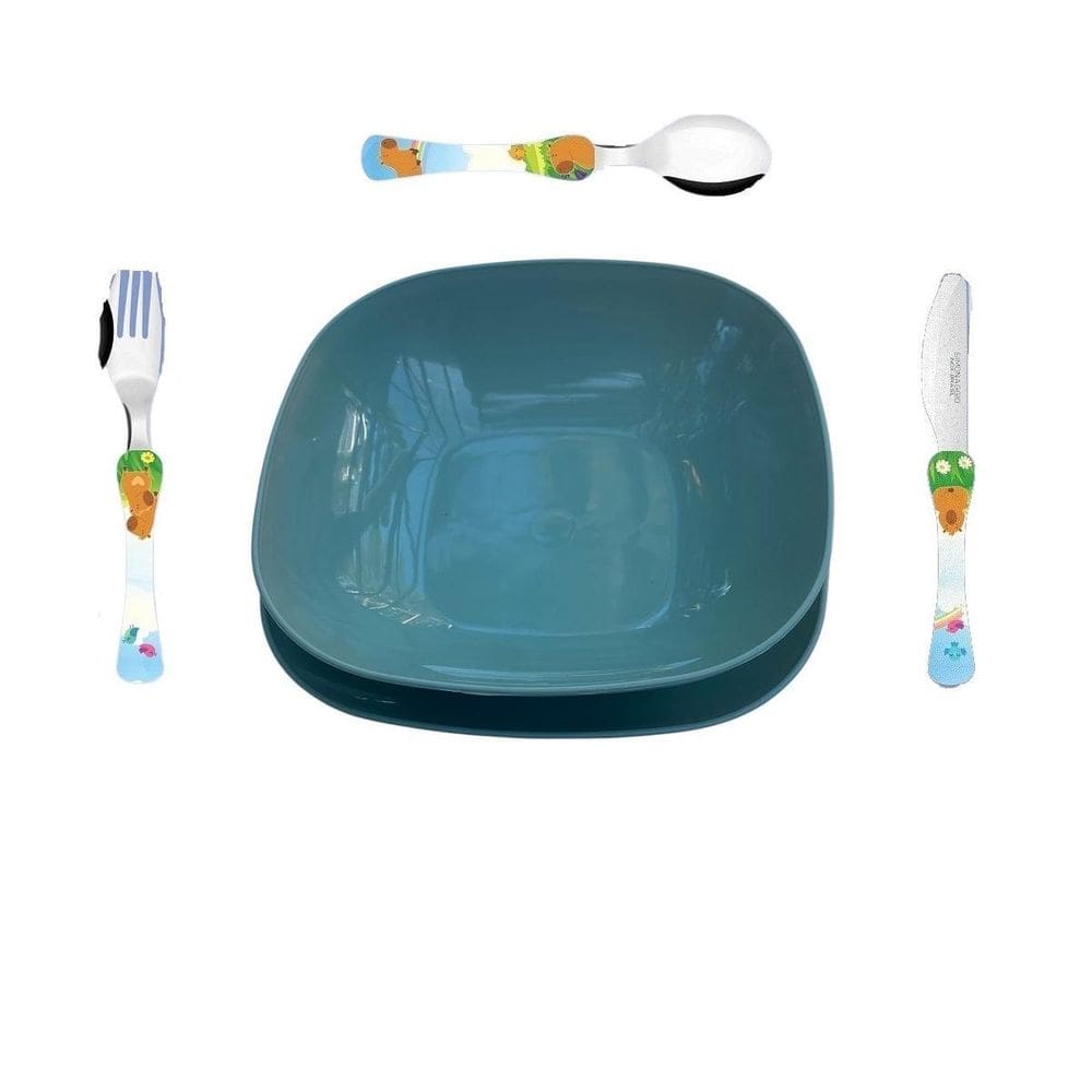 Conjunto Pratos Raso E Fundo Com Talheres Capivara - Azul