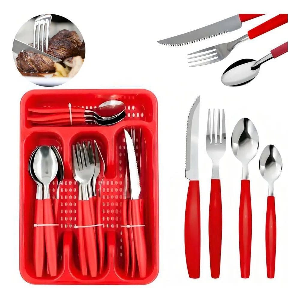 3X Kit Talheres 24 Pecas Porta Talher Luxo Premium Cor Verme