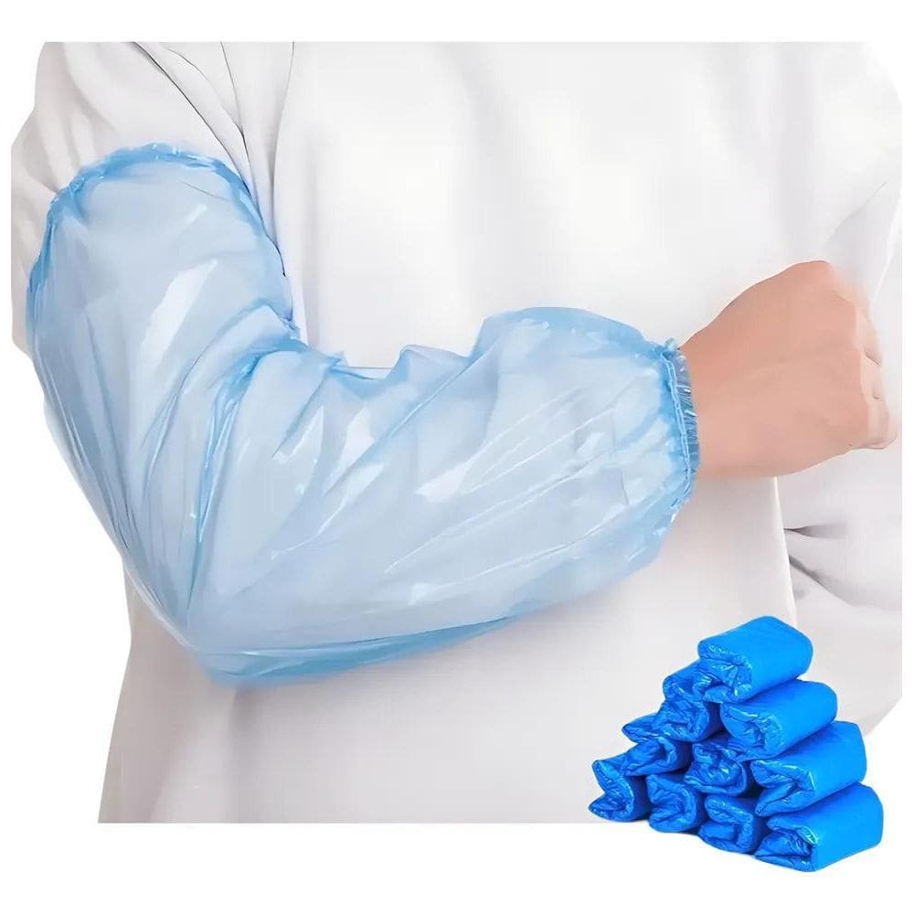 100 Und Mangote Manga Plástico Descartável C/Elástico Azul