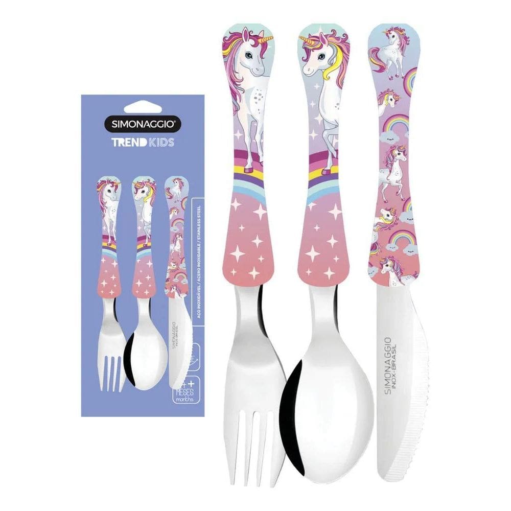 Jogo 3 Talher Infantil Unicornio Fofinho Criança Menina Inox