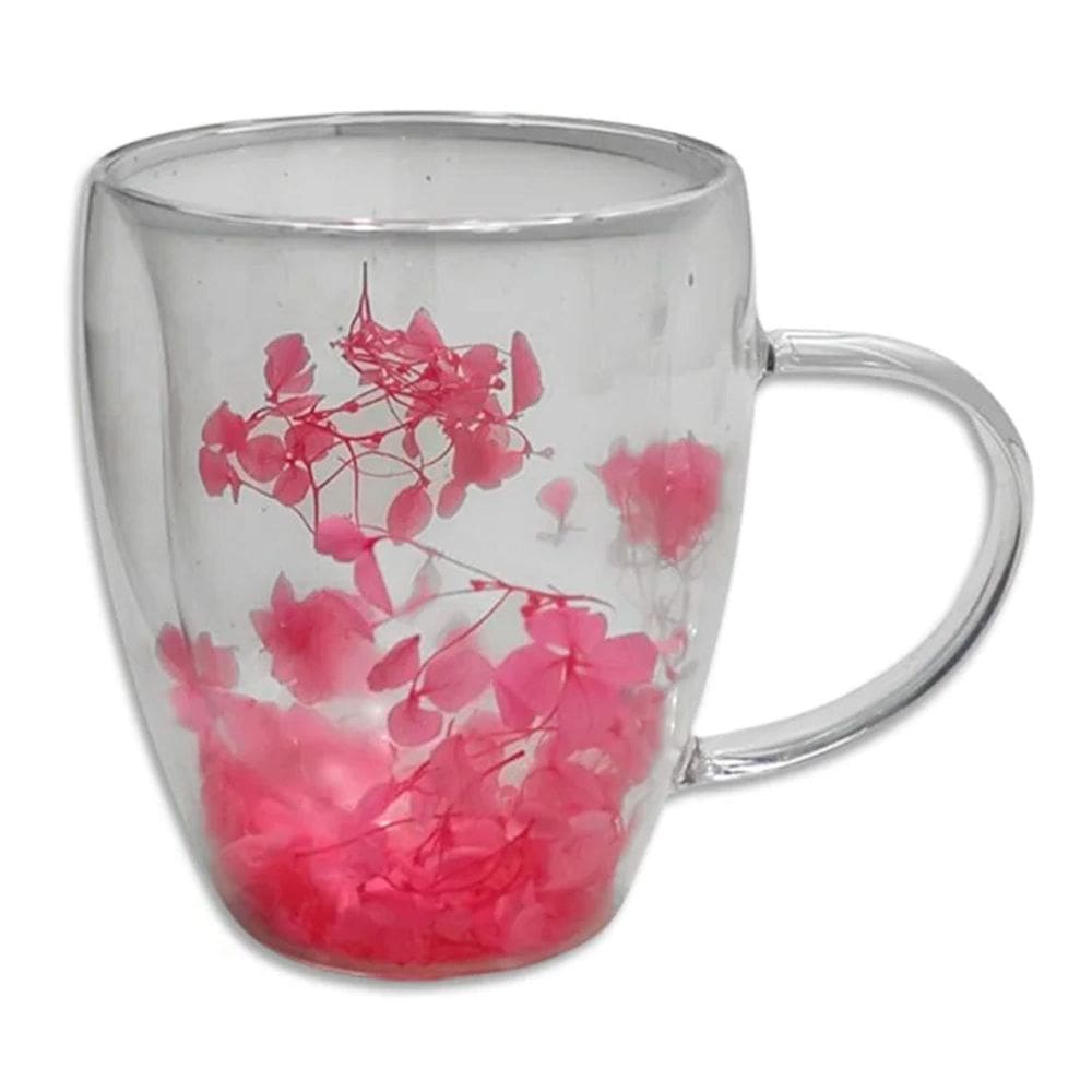 Caneca Xícara Chá Café Parede Dupla Vidro Flores Rosa