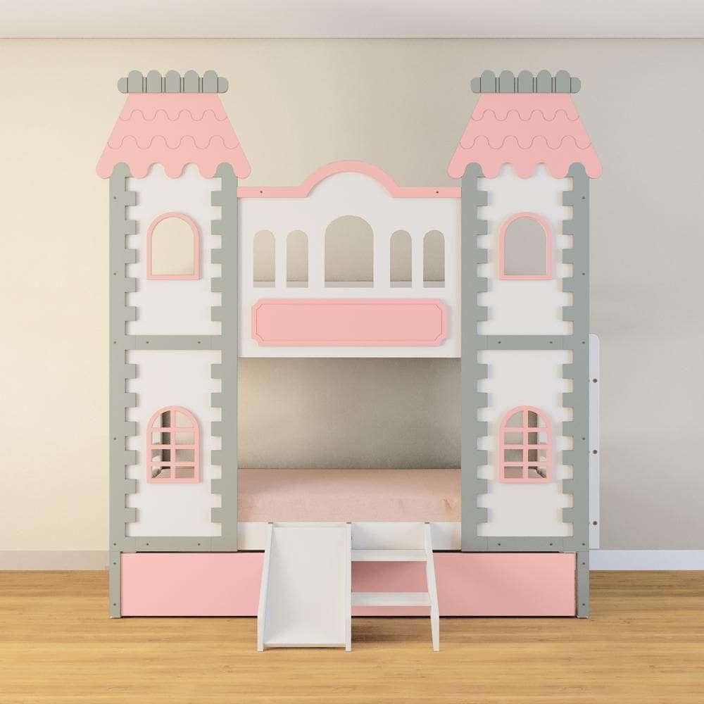 Beliche Castelo Encantado 02 Gavetas Rosa Kit Escada/escorregador - Madeira Maciça Branco/cinza/rosa Housin