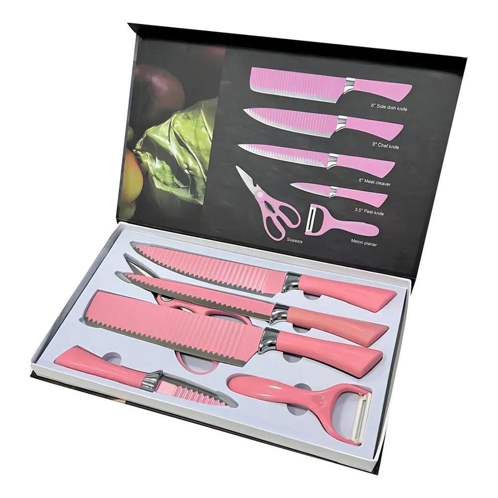 10X Jogo Faca Rosa Cozinha Churrasco 6 Peças Tesoura E Rala