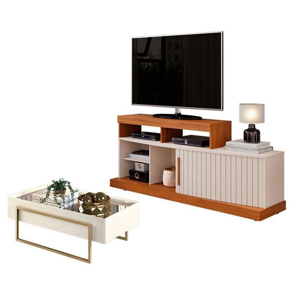 Rack Bancada Valle Com Mesa De Centro Suri Freijó Off White – Dj Móveis