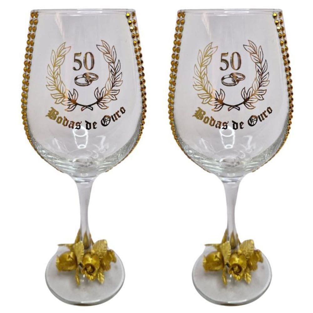 Kit 2 Taças Vidro Bodas De Ouro 50 Anos Rosas + Presente