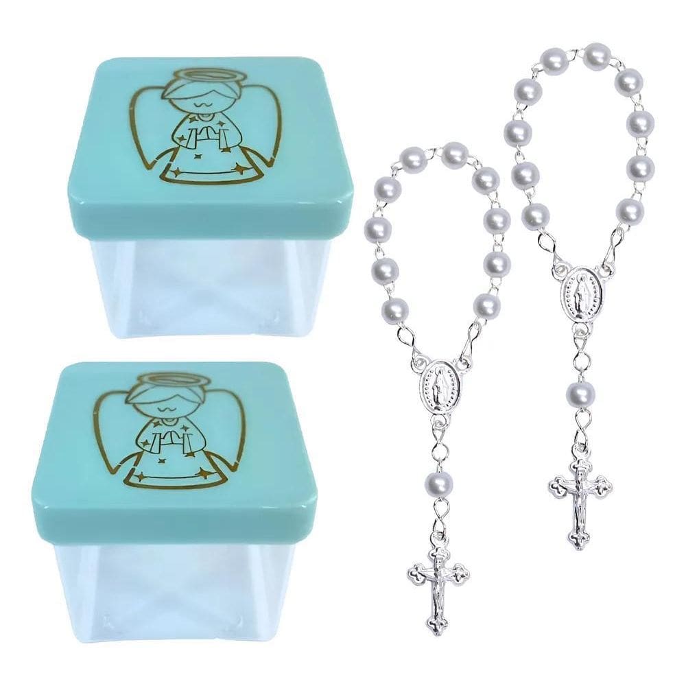 Kit Batizado Caixa Anjo Dourado Mini Terç Azul Tercinho Bran