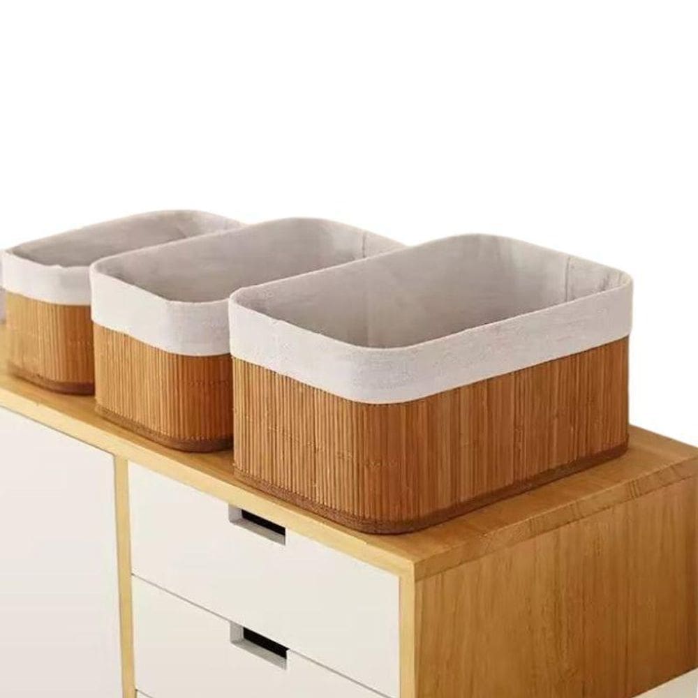 Kit Com 03 Cesto Organizador Em Bambu Pequeno/Médio/Grande