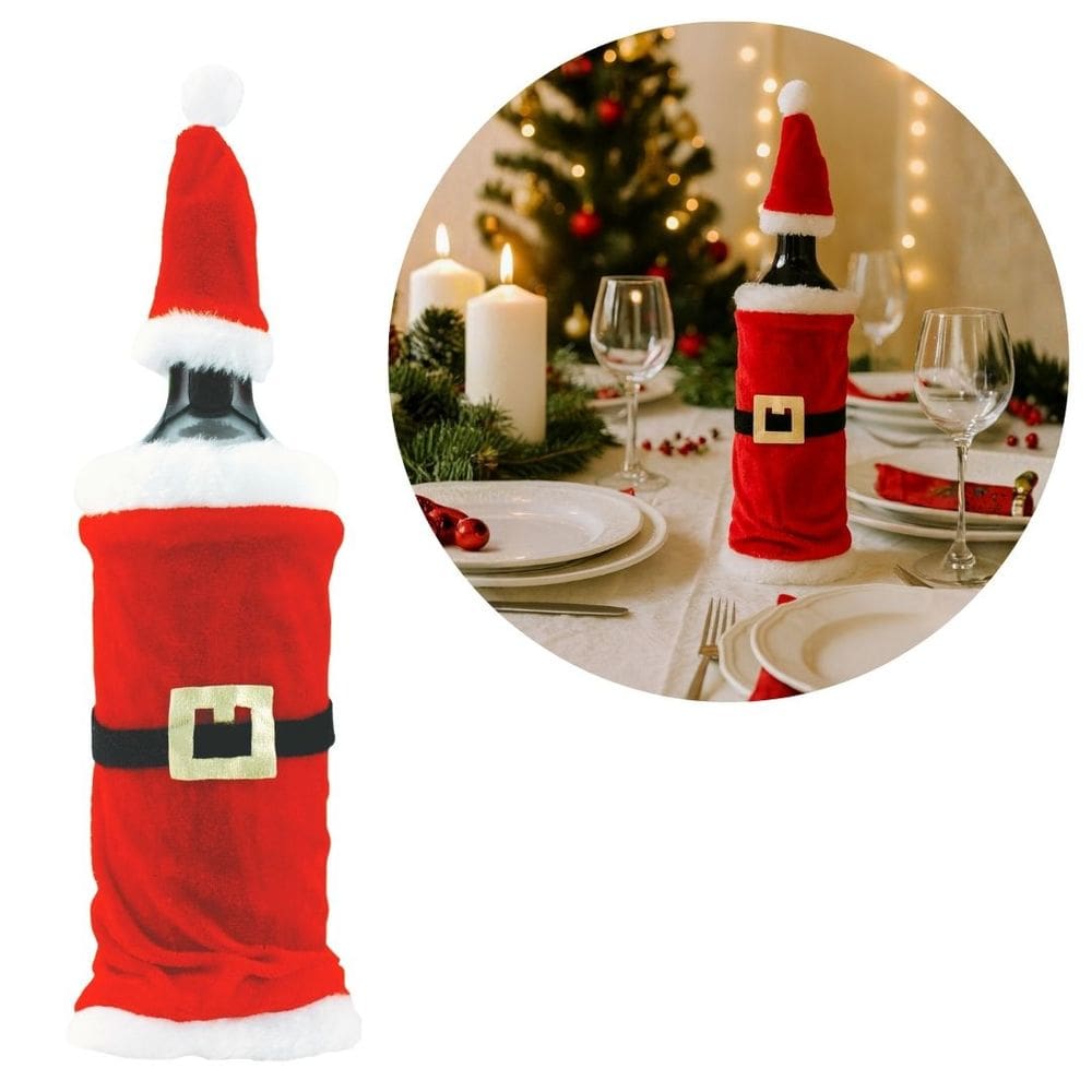 Porta Garrafa Natalino Veludo Vermelho Roupa Papai Noel com Gorro e Cinto Decorado