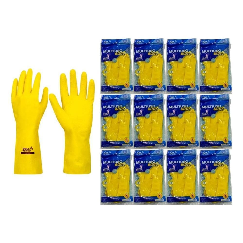 2X Kit 12 Prs Luva Látex Amarela Forrada Multiuso Limpeza Lo
