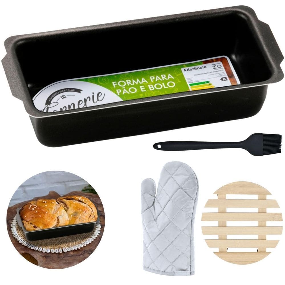 Forma De Pão Média 1,3L + Luva + Pincel + Descanso De Panela