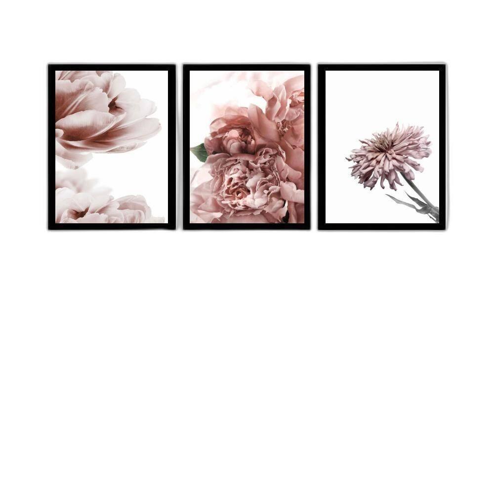 Kit 3 Quadros Fotos Flores Tons Rosê 45X34Cm