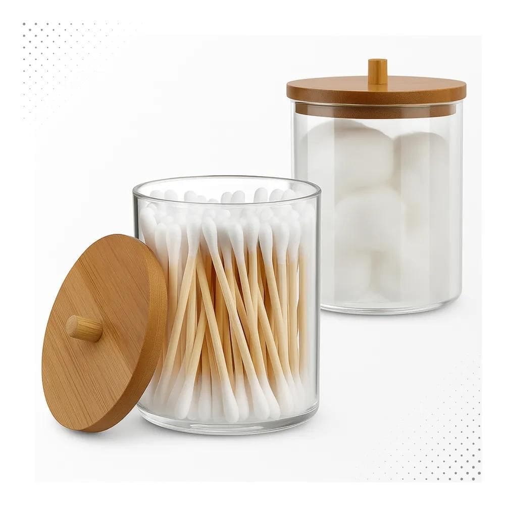 10X Kit 2 Porta Cotonete Algodão Acrílico Tampa Bambu Multi