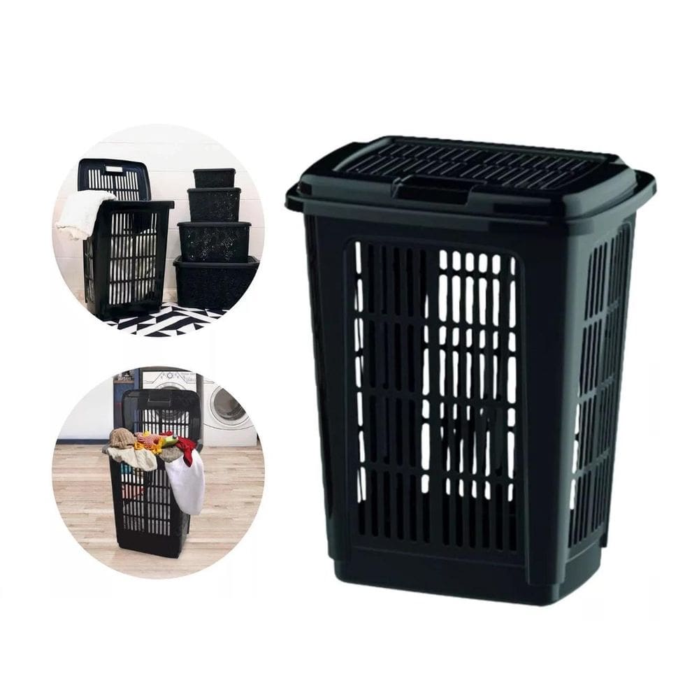 Cesto De Roupa Lixeira Lavanderia Multiuso Preta 60 Litros