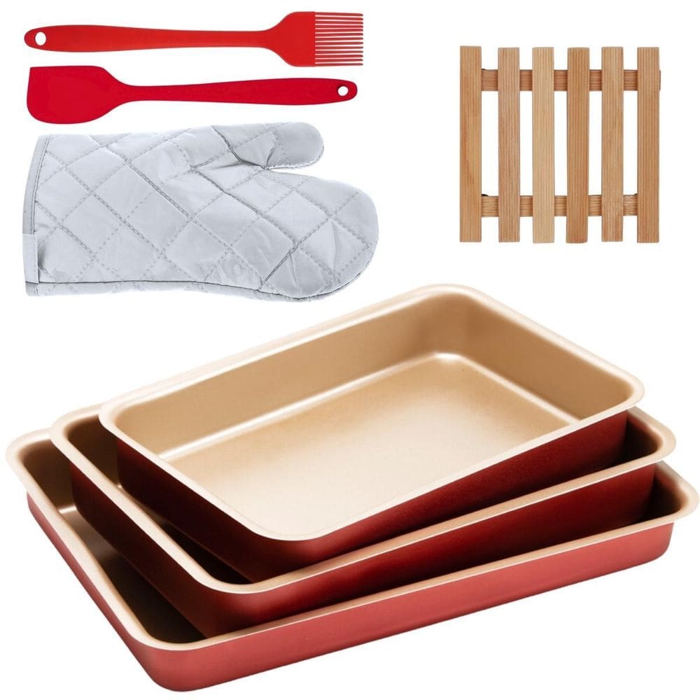 Assadeira 03 Pçs + Luva + Espátula + Pincel +Descanso Panela