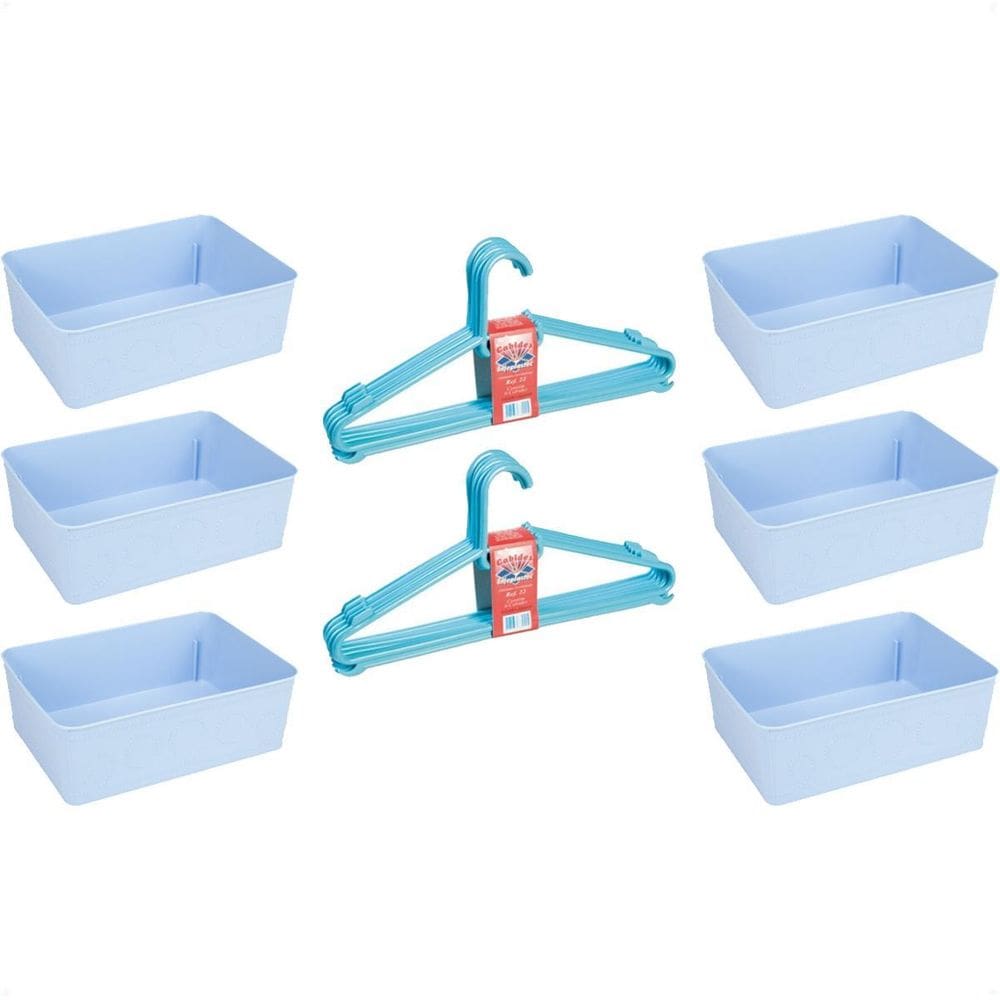 Kit 6 Cestos Multiuso E 10 Cabides Infantil Reforçado Azul