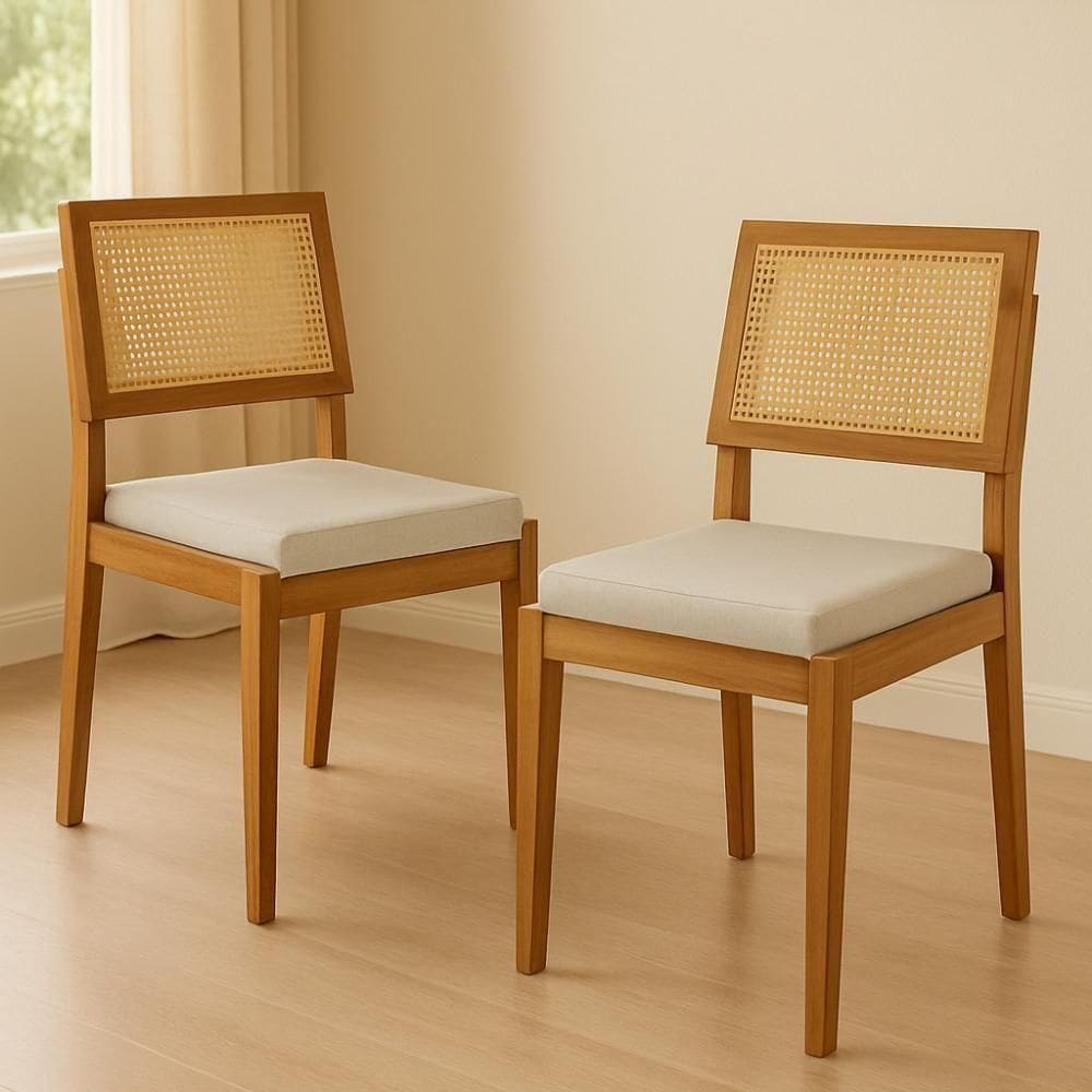 Conjunto De 2 Cadeiras Em Madeira Maciça Com Assento Em Linho Rainha Nesher Natural/off White