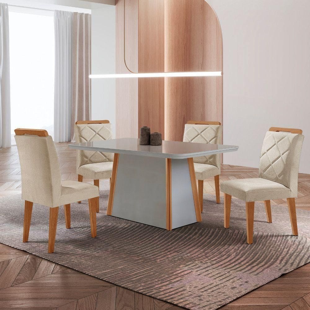 Mesa De Jantar Diane E 4 Cadeiras Melissa Moderna M... Veludo Creme/off//serig Off Com Vidro