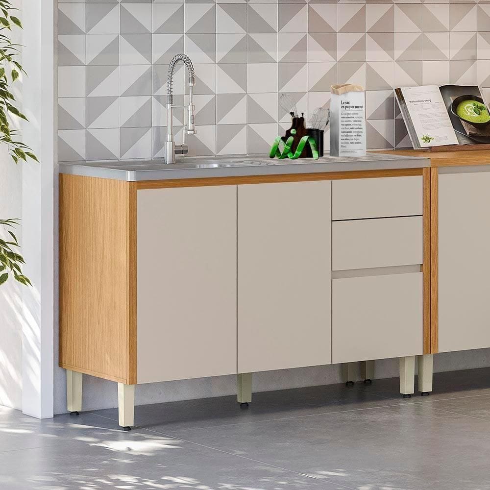 Balcão Para Pia 120 Cm Cozinha Sem Tampo Nature Off White