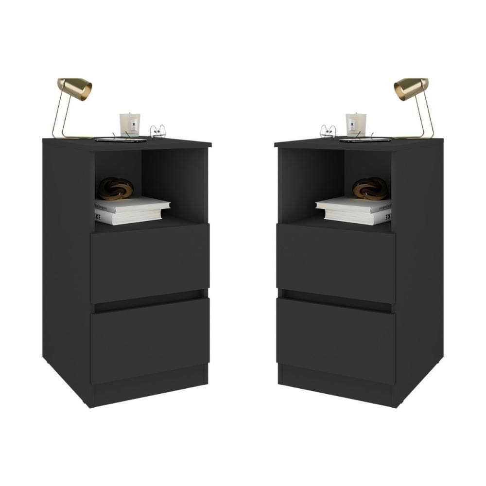 Kit 2 Mesas De Cabeceira 38,5cm 2 Gavetas Multimóveis Mp4501 Preto