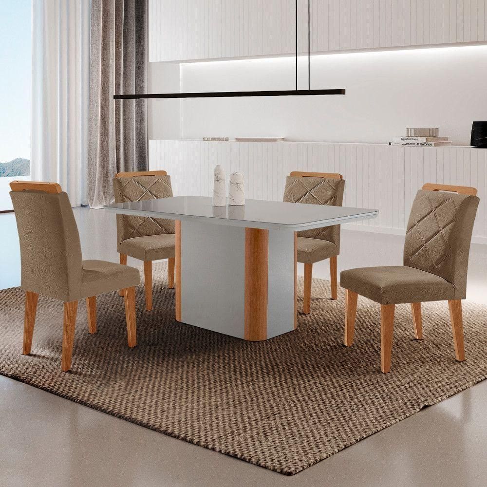 Mesa De Jantar Isadora Com 4 Cadeiras Moderna Mobilia Veludo Capuccino/off/nat/serig Off Com Vidro
