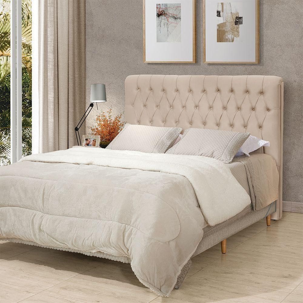 Cabeceira Cama Queen Estofada 1,60 - Inca Veludo Bege