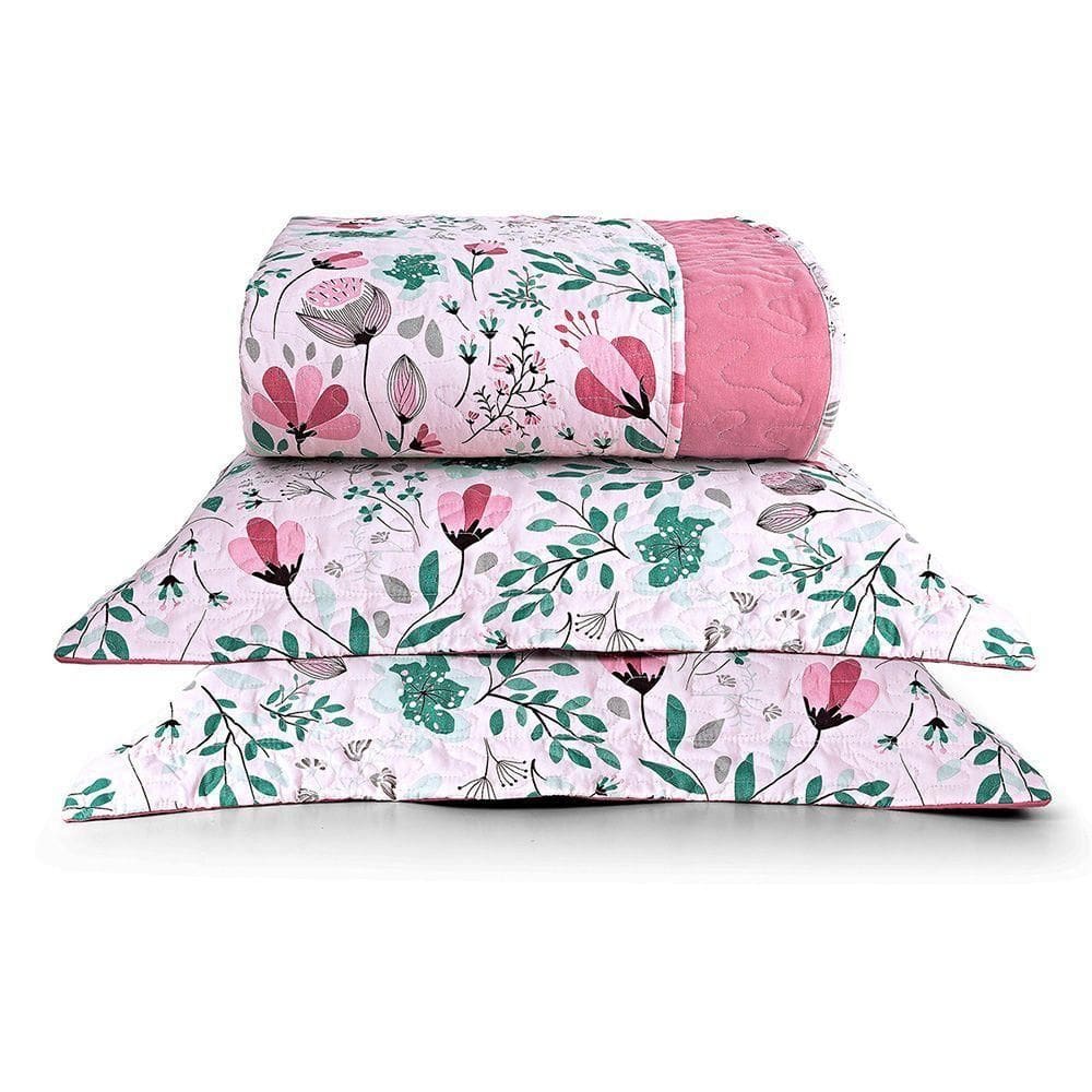 Kit Cobre Leito Colcha Casa Scarpa Celi Casal Padrão Dupla Face Micropercal 200 Fios 3 Peças Bothanica Floral Rosa