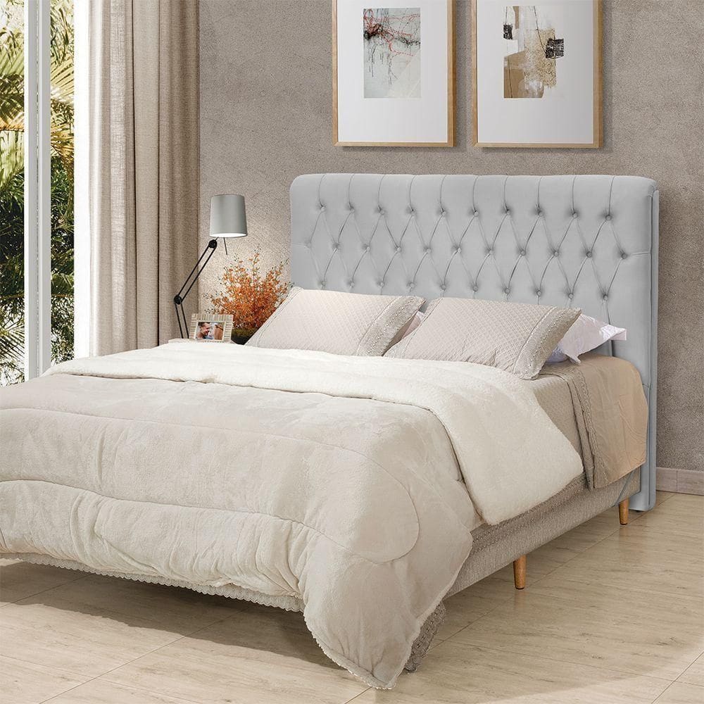 Cabeceira Cama Queen Estofada 1,60 - Inca Veludo Cinza Claro