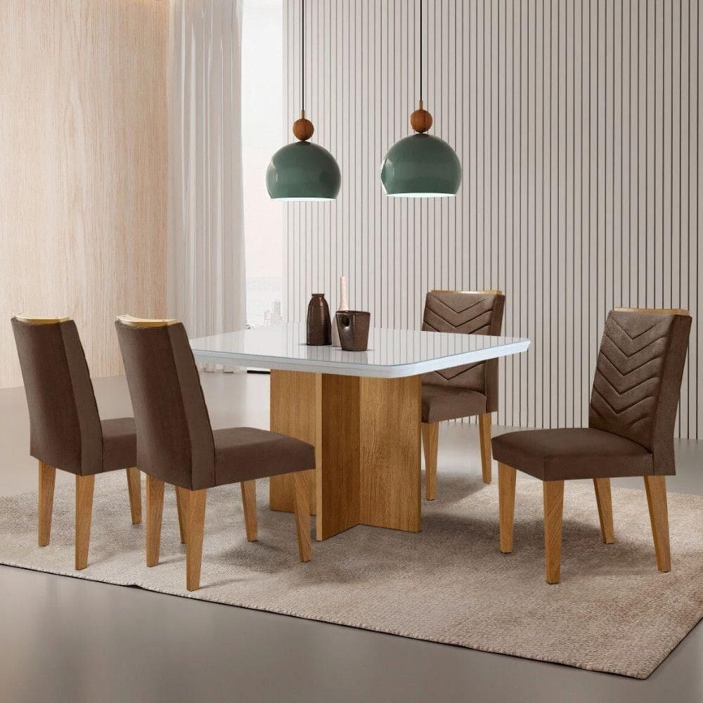 Sala De Jantar Mesa 90cm Olímpia Cadeira Liz Moderna M... Veludo Marrom/off/nat/serig Off Com Vidro